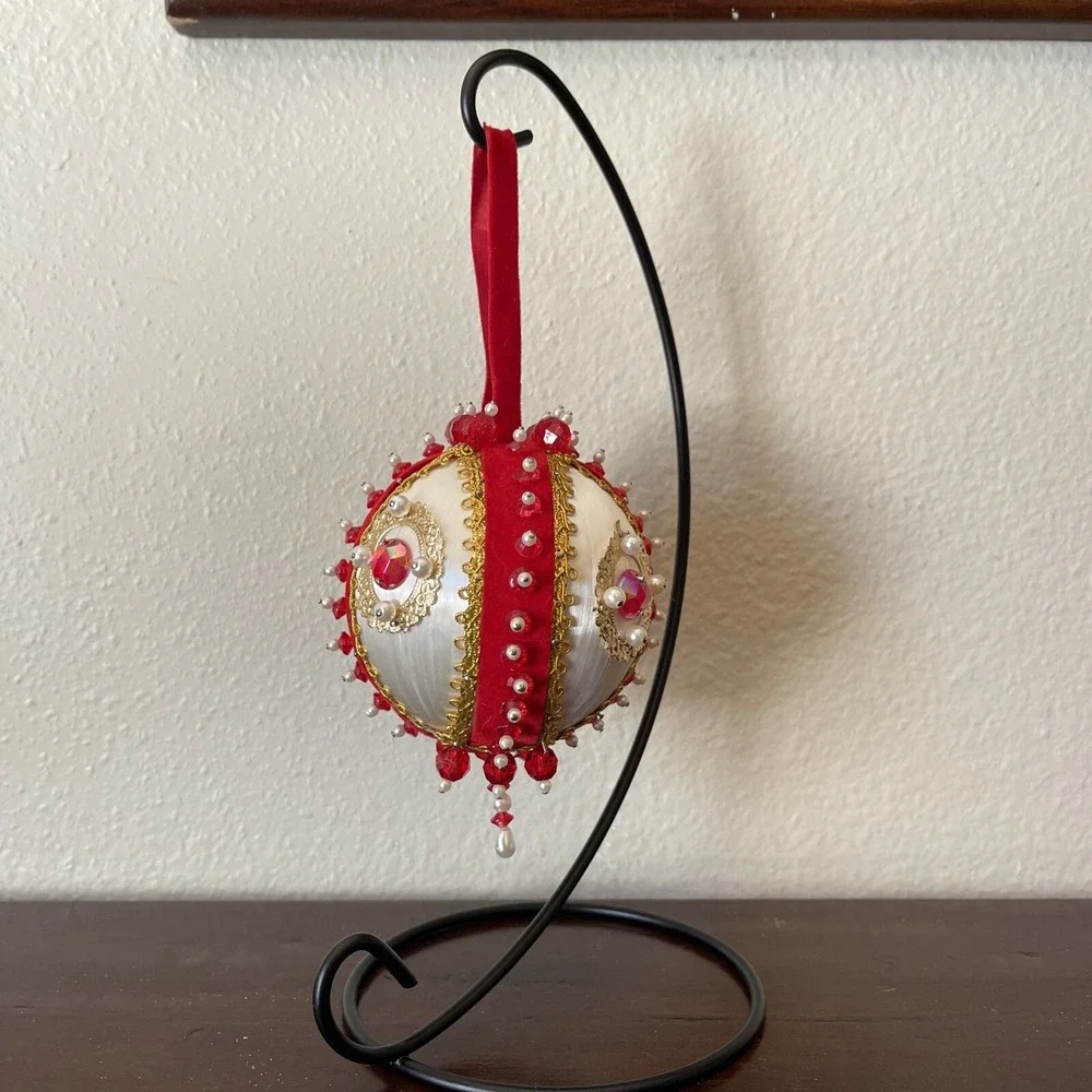 Vintage Bead‎ Sequin Push Pin Christmas Tree Ornament Red Gold Velvet Completed